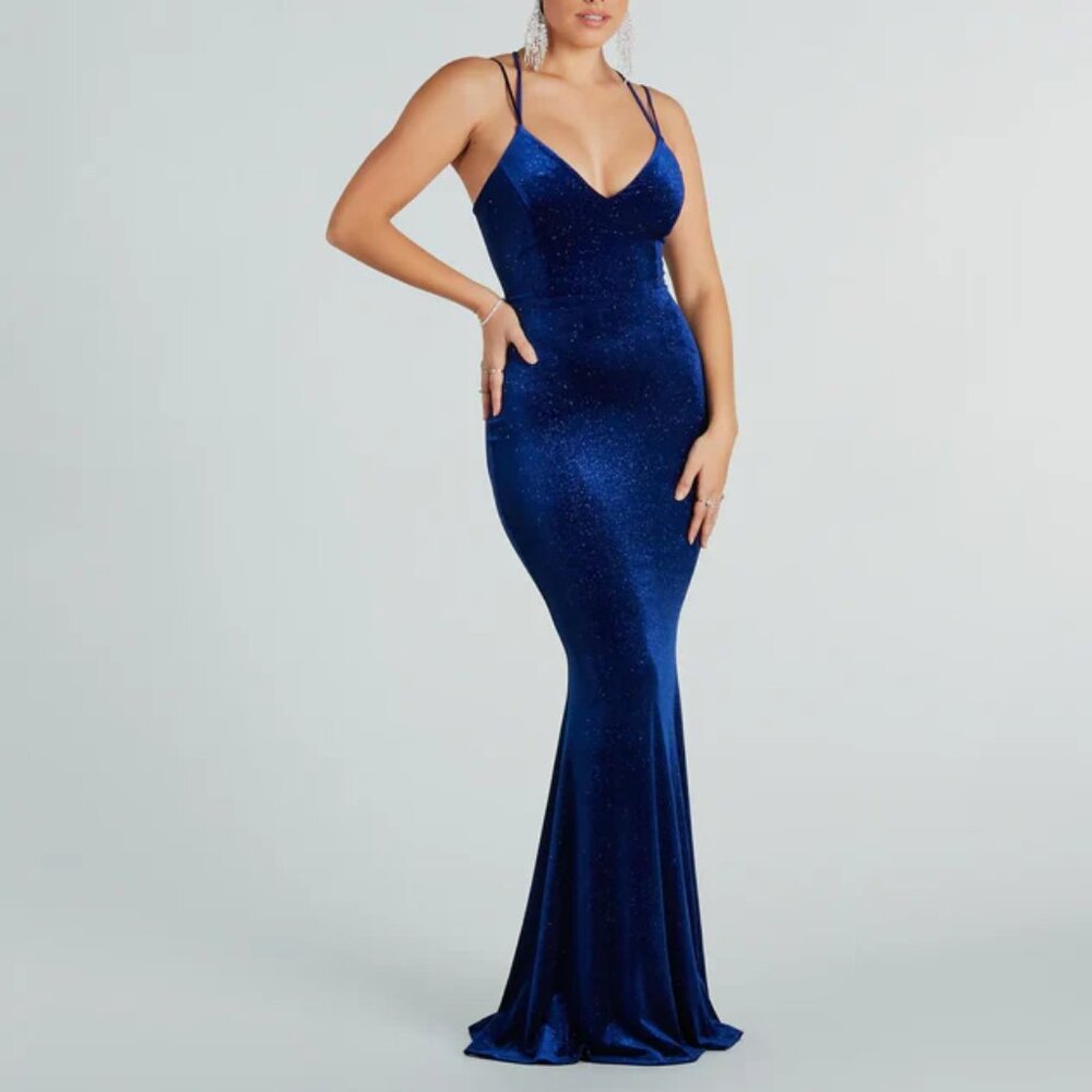 Felicity Glitter Velvet Lace-Up Mermaid Gown – Formal Dress Floor-Length